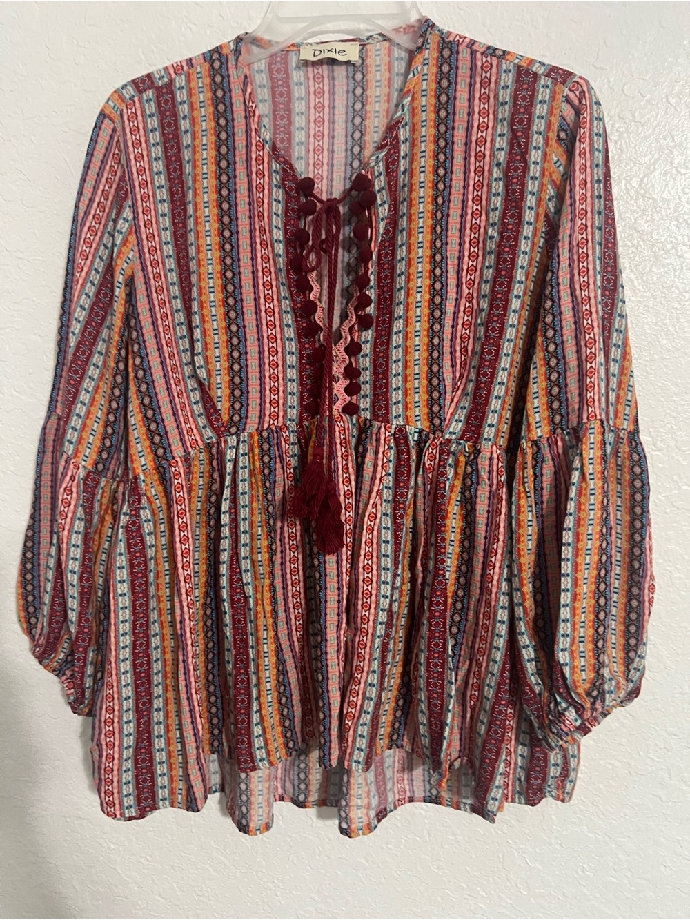 Dixie Women Multicolor Ruffle 3/4 Sleeve Top Blouse Size M Pink Tier Front #670